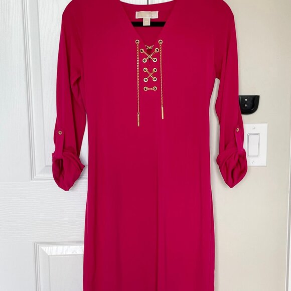 Michael Kors Chain Lace Up Dress Fuschia Pink Workday Fashion Brunch Outfit - Picture 1 of 9